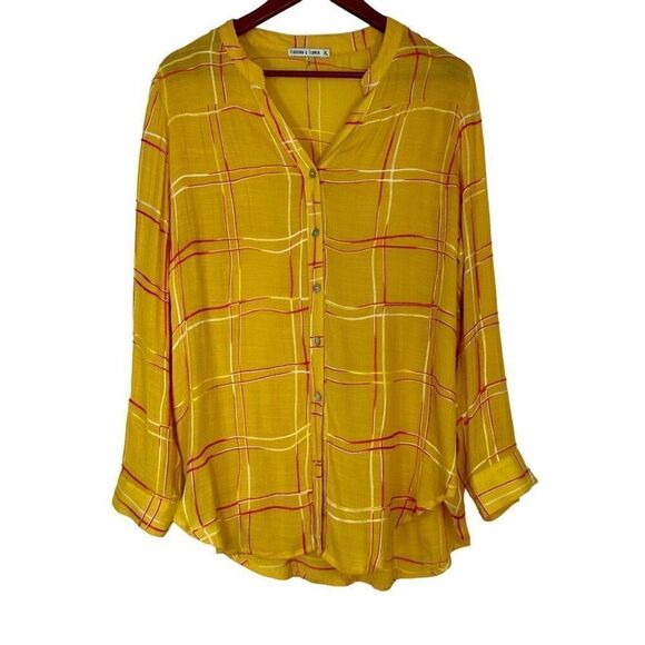 Figueroa & Flower Yellow Plaid Relaxed Fit Button Front Blouse Womens XL Casual - Picture 1 of 9